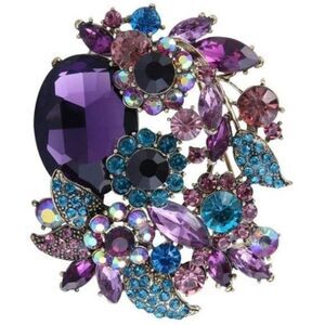 Antique Yellow Gold and Amethyst Austrian Crystal Flower and Leaf Brooch Pin